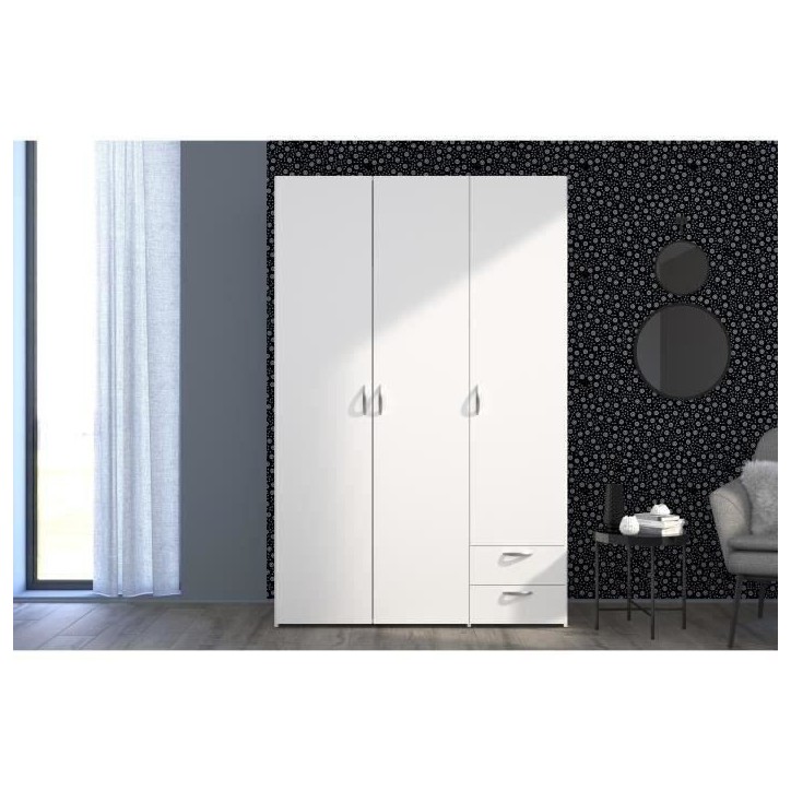 Armoire VARIA - Décor blanc - 3 portes + 2 tiroirs - L 120 x H 185 x P 51 cm - PARISOT Armoire VARIA - Décor blanc - 3 portes + 2 tiroirs - L 120 x H 185 x P 51 cm - PARISOT