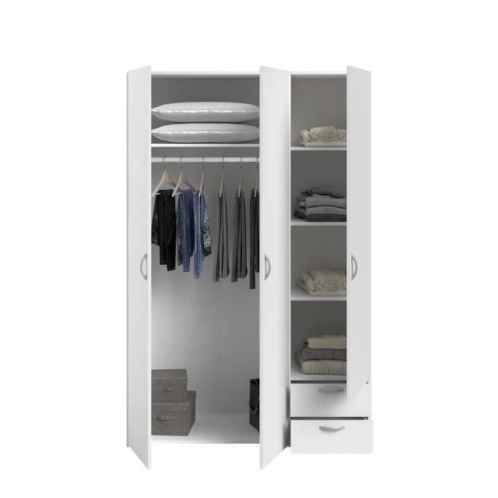Armoire VARIA - Décor blanc - 3 portes + 2 tiroirs - L 120 x H 185 x P 51 cm - PARISOT Armoire VARIA - Décor blanc - 3 portes + 2 tiroirs - L 120 x H 185 x P 51 cm - PARISOT