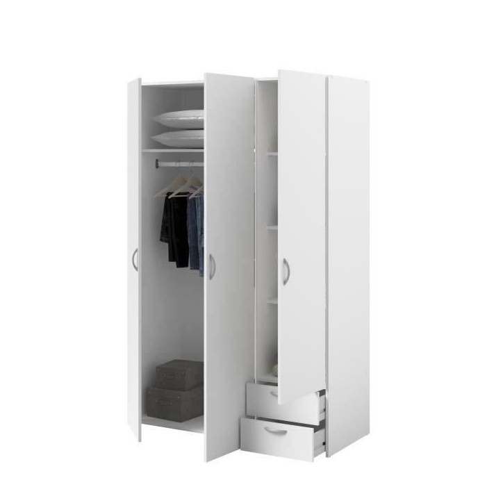 Armoire VARIA - Décor blanc - 3 portes + 2 tiroirs - L 120 x H 185 x P 51 cm - PARISOT Armoire VARIA - Décor blanc - 3 portes + 2 tiroirs - L 120 x H 185 x P 51 cm - PARISOT