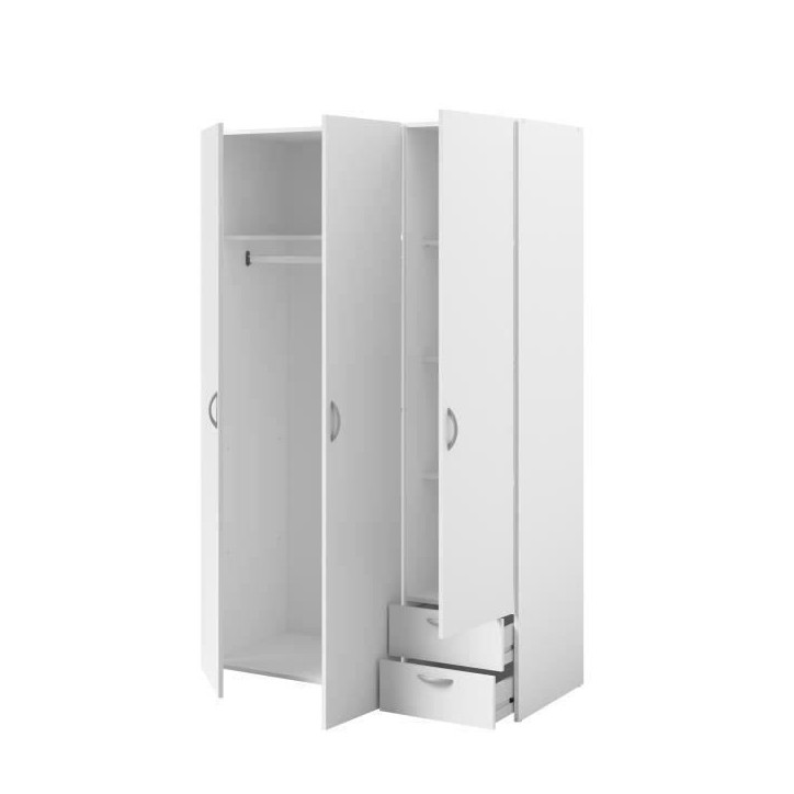 Armoire VARIA - Décor blanc - 3 portes + 2 tiroirs - L 120 x H 185 x P 51 cm - PARISOT Armoire VARIA - Décor blanc - 3 portes + 2 tiroirs - L 120 x H 185 x P 51 cm - PARISOT