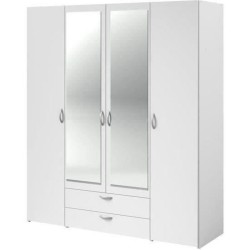 Armoire VARIA - Décor blanc - 4 portes battantes + 2 miroirs + 2 tiro