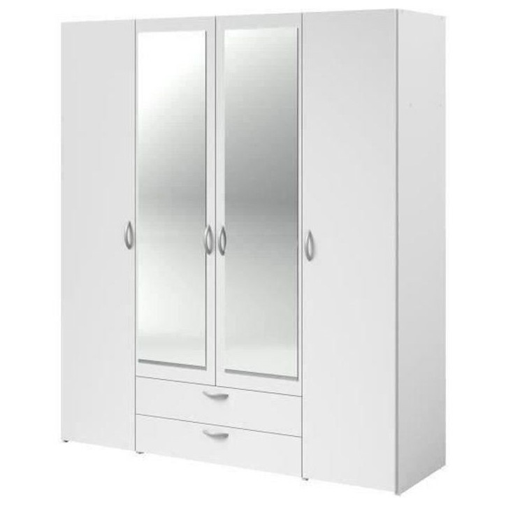 Armoire VARIA - Décor blanc - 4 portes battantes + 2 miroirs + 2 tiroirs - L 160 x H 185 x P 51 cm - PARISOT Armoire VARIA - Décor blanc - 4 portes battantes + 2 miroirs + 2 tiroirs - L 160 x H 185 x P 51 cm - PARISOT