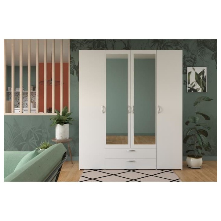Armoire VARIA - Décor blanc - 4 portes battantes + 2 miroirs + 2 tiroirs - L 160 x H 185 x P 51 cm - PARISOT Armoire VARIA - Décor blanc - 4 portes battantes + 2 miroirs + 2 tiroirs - L 160 x H 185 x P 51 cm - PARISOT