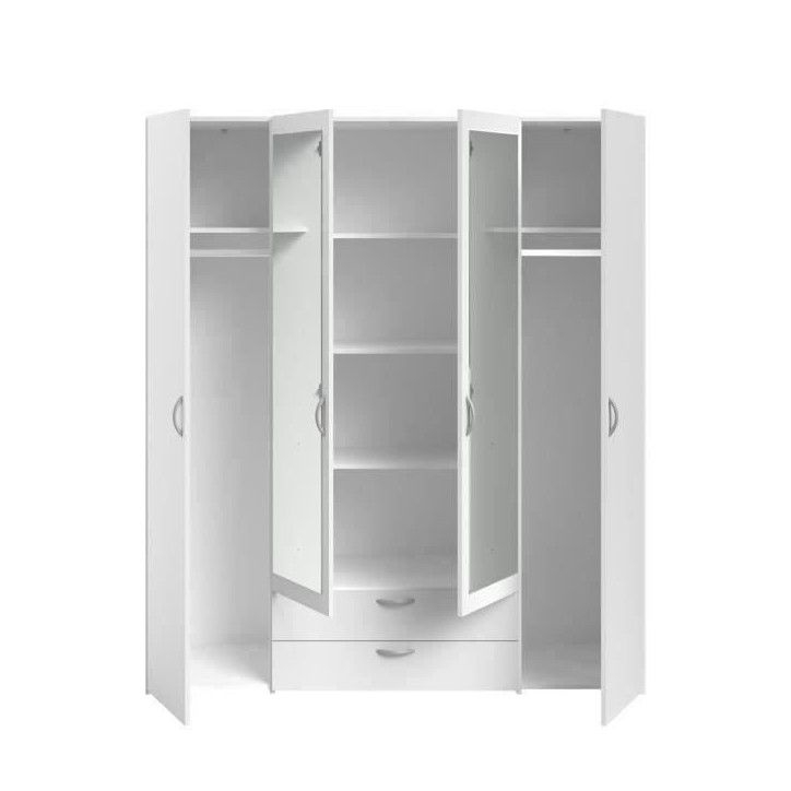 Armoire VARIA - Décor blanc - 4 portes battantes + 2 miroirs + 2 tiroirs - L 160 x H 185 x P 51 cm - PARISOT Armoire VARIA - Décor blanc - 4 portes battantes + 2 miroirs + 2 tiroirs - L 160 x H 185 x P 51 cm - PARISOT