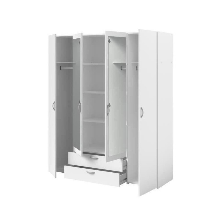 Armoire VARIA - Décor blanc - 4 portes battantes + 2 miroirs + 2 tiroirs - L 160 x H 185 x P 51 cm - PARISOT Armoire VARIA - Décor blanc - 4 portes battantes + 2 miroirs + 2 tiroirs - L 160 x H 185 x P 51 cm - PARISOT