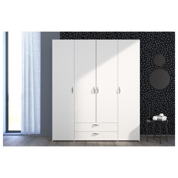 Armoire VARIA - Décor blanc - 4 portes battantes + 2 tiroirs - L 160 x H 185 x P 51 cm - PARISOT