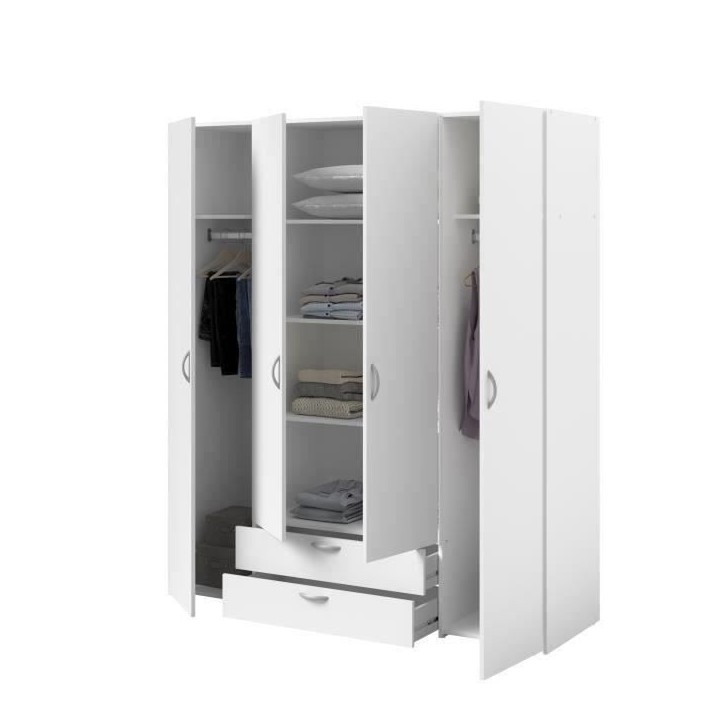 Armoire VARIA - Décor blanc - 4 portes battantes + 2 tiroirs - L 160 x H 185 x P 51 cm - PARISOT