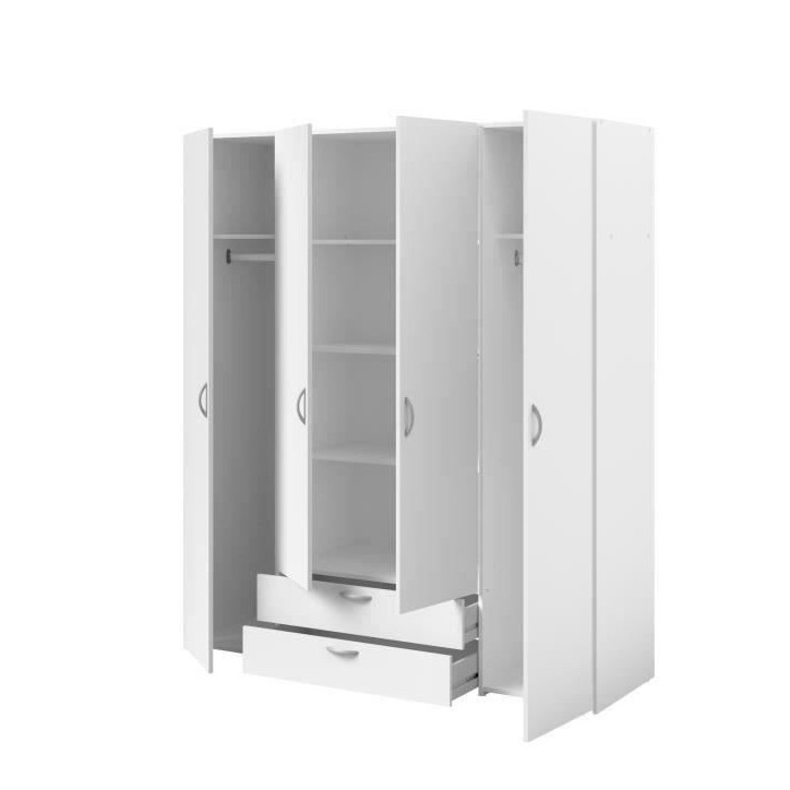 Armoire VARIA - Décor blanc - 4 portes battantes + 2 tiroirs - L 160 x H 185 x P 51 cm - PARISOT