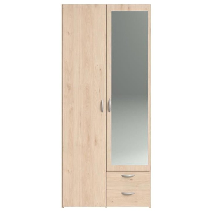 Armoire de chambre - VARIA - Décor chene - 2 portes dont 1 avec miroir - 2 tiroirs - 81 x 51 x 185 cm - PARISOT