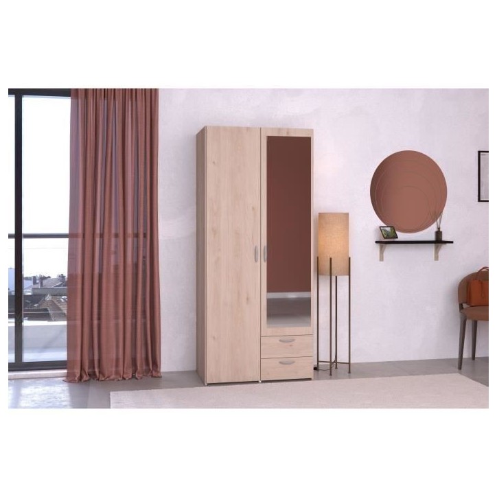Armoire de chambre - VARIA - Décor chene - 2 portes dont 1 avec miroir - 2 tiroirs - 81 x 51 x 185 cm - PARISOT