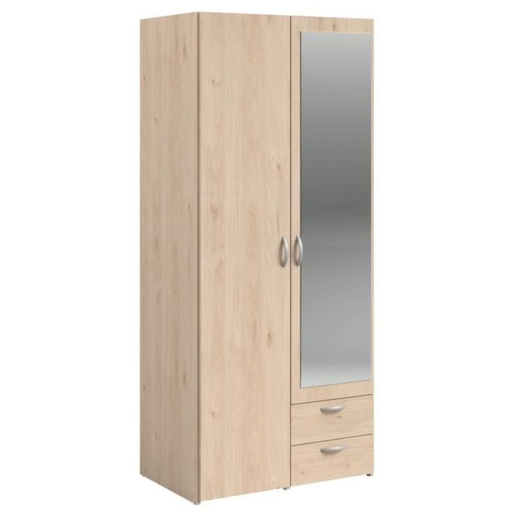 Armoire de chambre - VARIA - Décor chene - 2 portes dont 1 avec miroir - 2 tiroirs - 81 x 51 x 185 cm - PARISOT