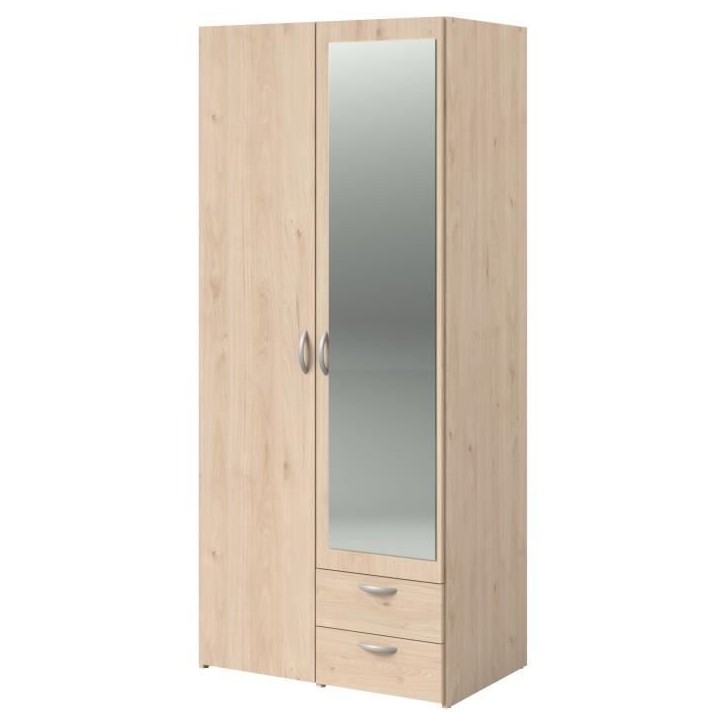 Armoire de chambre - VARIA - Décor chene - 2 portes dont 1 avec miroir - 2 tiroirs - 81 x 51 x 185 cm - PARISOT