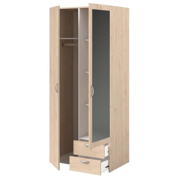 Armoire de chambre - VARIA - Décor chene - 2 portes dont 1 avec miroir - 2 tiroirs - 81 x 51 x 185 cm - PARISOT