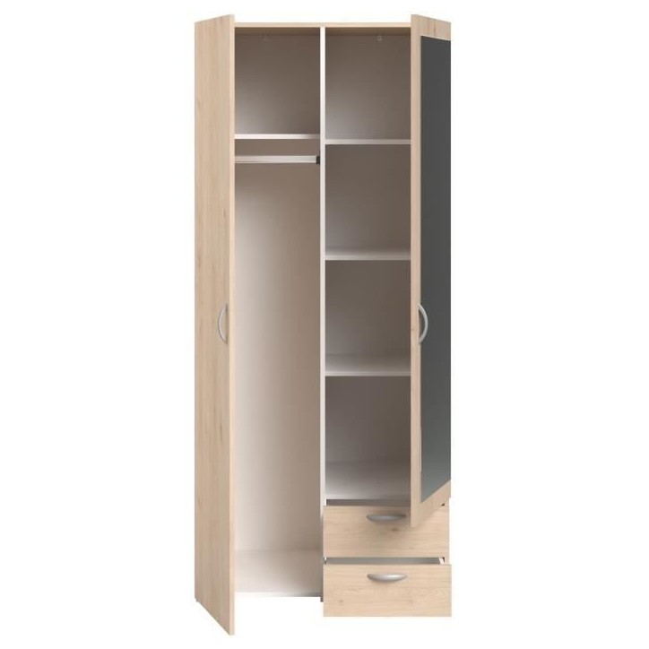 Armoire de chambre - VARIA - Décor chene - 2 portes dont 1 avec miroir - 2 tiroirs - 81 x 51 x 185 cm - PARISOT