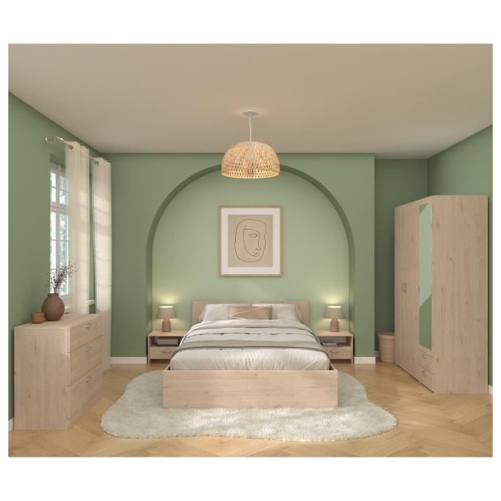 Chambre complete adulte VARIA - Lit 140x190/200 + 2 chevets + 1 commode + 1 armoire avec miroir - Décor Chene - PARISOT Chambre complete adulte VARIA - Lit 140x190/200 + 2 chevets + 1 commode + 1 armoire avec miroir - Décor Chene - PARISOT