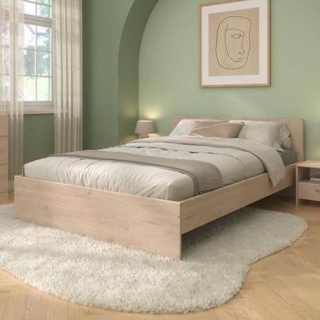 Chambre complete adulte VARIA - Lit 140x190/200 + 2 chevets + 1 commode + 1 armoire avec miroir - Décor Chene - PARISOT