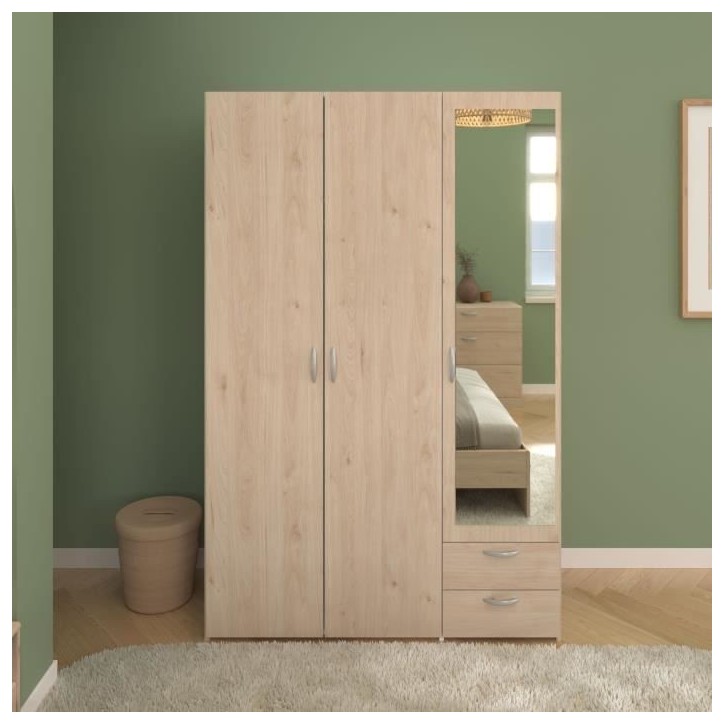 Chambre complete adulte VARIA - Lit 140x190/200 + 2 chevets + 1 commode + 1 armoire avec miroir - Décor Chene - PARISOT Chambre complete adulte VARIA - Lit 140x190/200 + 2 chevets + 1 commode + 1 armoire avec miroir - Décor Chene - PARISOT