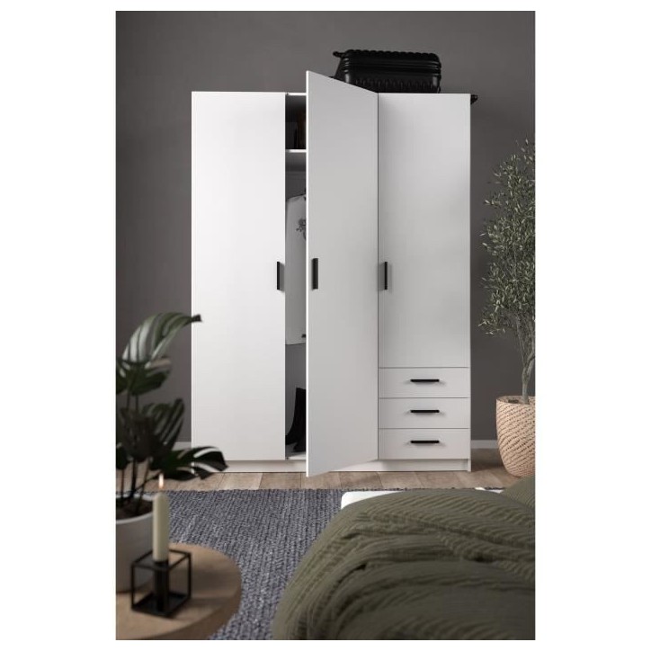 Armoire VEGA - Décor Blanc mat - 3 portes + 3 tiroirs - L 147 x P 49,6 x H 200,4 cm Armoire VEGA - Décor Blanc mat - 3 portes + 3 tiroirs - L 147 x P 49,6 x H 200,4 cm