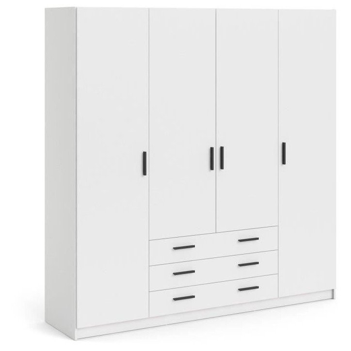 Armoire VEGA - Décor Blanc mat - 4 portes + 3 tiroirs - L 195,5 x P 49,6 x H 200,4 cm