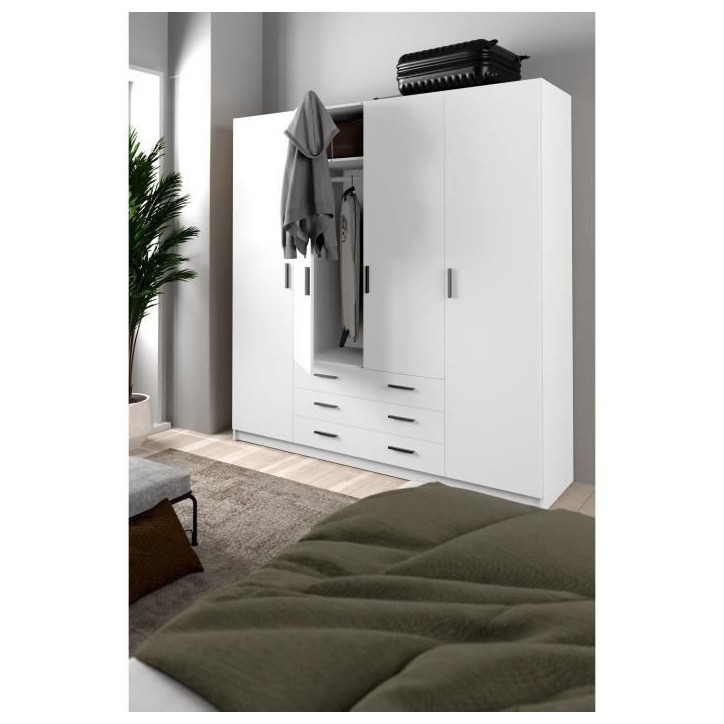 Armoire VEGA - Décor Blanc mat - 4 portes + 3 tiroirs - L 195,5 x P 49,6 x H 200,4 cm