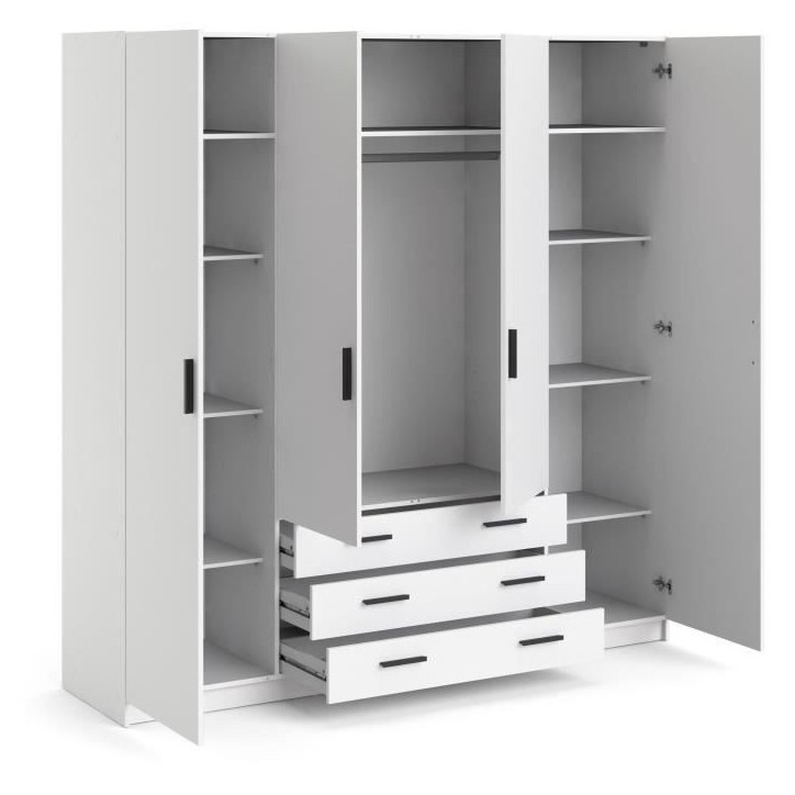 Armoire VEGA - Décor Blanc mat - 4 portes + 3 tiroirs - L 195,5 x P 49,6 x H 200,4 cm