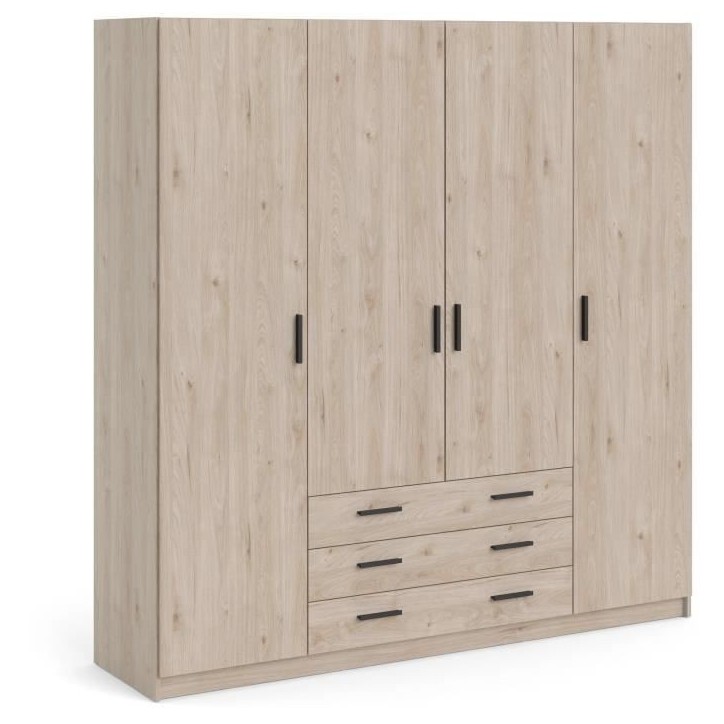 Armoire VEGA - Décor Chene Jackson - 4 portes + 3 tiroirs - L 195,5 x P 49,6 x H 200,4 cm