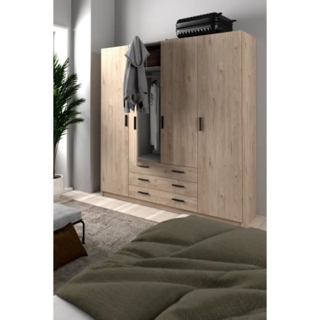 Armoire VEGA - Décor Chene Jackson - 4 portes + 3 tiroirs - L 195,5 x P 49,6 x H 200,4 cm