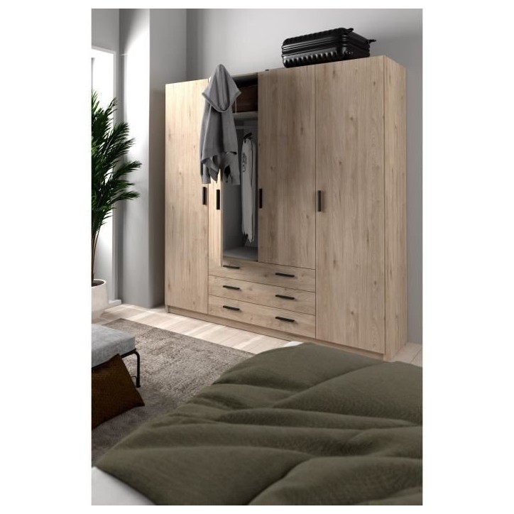 Armoire VEGA - Décor Chene Jackson - 4 portes + 3 tiroirs - L 195,5 x P 49,6 x H 200,4 cm