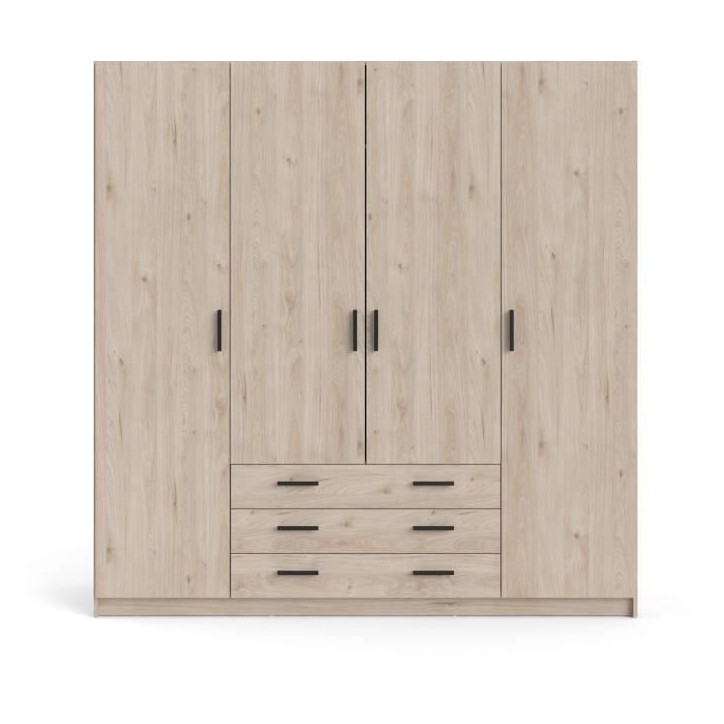 Armoire VEGA - Décor Chene Jackson - 4 portes + 3 tiroirs - L 195,5 x P 49,6 x H 200,4 cm