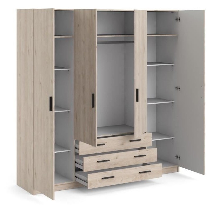 Armoire VEGA - Décor Chene Jackson - 4 portes + 3 tiroirs - L 195,5 x P 49,6 x H 200,4 cm