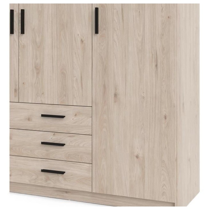 Armoire VEGA - Décor Chene Jackson - 4 portes + 3 tiroirs - L 195,5 x P 49,6 x H 200,4 cm