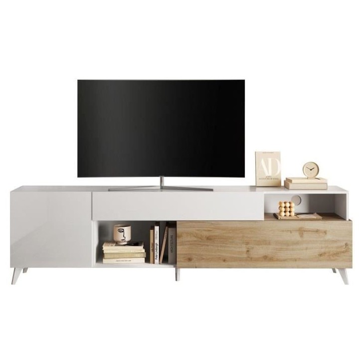 Meuble Tv - MONTECARLO XXL - 1 porte - 2 tiroirs - Blanc laqué / Chene Cadiz - 241 x 43 x 67 cm Meuble Tv - MONTECARLO XXL - 1 porte - 2 tiroirs - Blanc laqué / Chene Cadiz - 241 x 43 x 67 cm