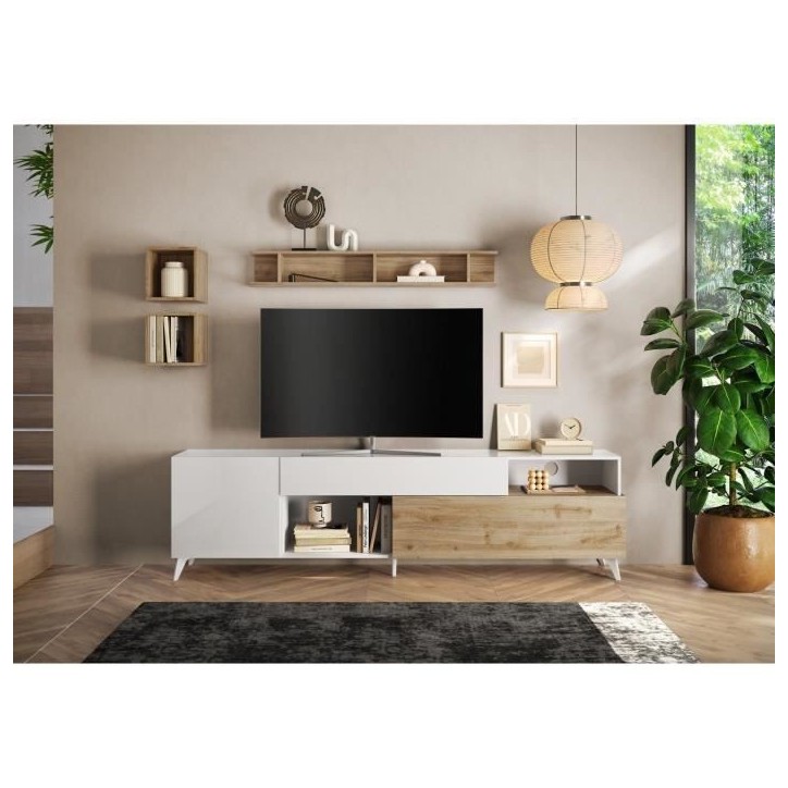 Meuble Tv - MONTECARLO XXL - 1 porte - 2 tiroirs - Blanc laqué / Chene Cadiz - 241 x 43 x 67 cm Meuble Tv - MONTECARLO XXL - 1 porte - 2 tiroirs - Blanc laqué / Chene Cadiz - 241 x 43 x 67 cm