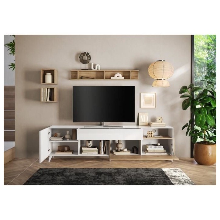 Meuble Tv - MONTECARLO XXL - 1 porte - 2 tiroirs - Blanc laqué / Chene Cadiz - 241 x 43 x 67 cm Meuble Tv - MONTECARLO XXL - 1 porte - 2 tiroirs - Blanc laqué / Chene Cadiz - 241 x 43 x 67 cm