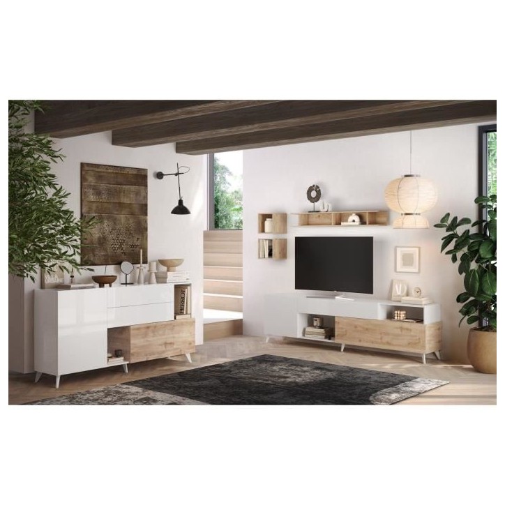 Meuble Tv - MONTECARLO XXL - 1 porte - 2 tiroirs - Blanc laqué / Chene Cadiz - 241 x 43 x 67 cm Meuble Tv - MONTECARLO XXL - 1 porte - 2 tiroirs - Blanc laqué / Chene Cadiz - 241 x 43 x 67 cm