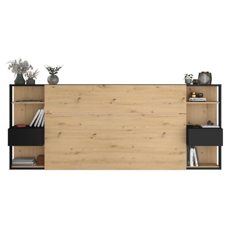 PARISOT Tete de Lit avec étageres + chevets intégrés - Décor chene et noir - L 255 x P 36 x H 103 cm - WHITE