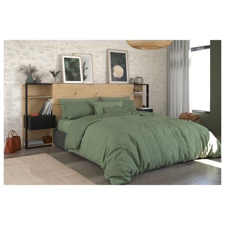 PARISOT Tete de Lit avec étageres + chevets intégrés - Décor chene et noir - L 255 x P 36 x H 103 cm - WHITE