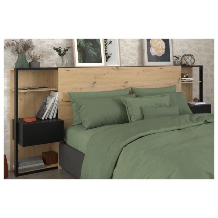 PARISOT Tete de Lit avec étageres + chevets intégrés - Décor chene et noir - L 255 x P 36 x H 103 cm - WHITE