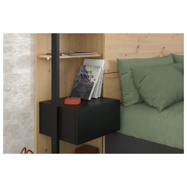 PARISOT Tete de Lit avec étageres + chevets intégrés - Décor chene et noir - L 255 x P 36 x H 103 cm - WHITE