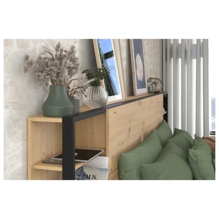 PARISOT Tete de Lit avec étageres + chevets intégrés - Décor chene et noir - L 255 x P 36 x H 103 cm - WHITE