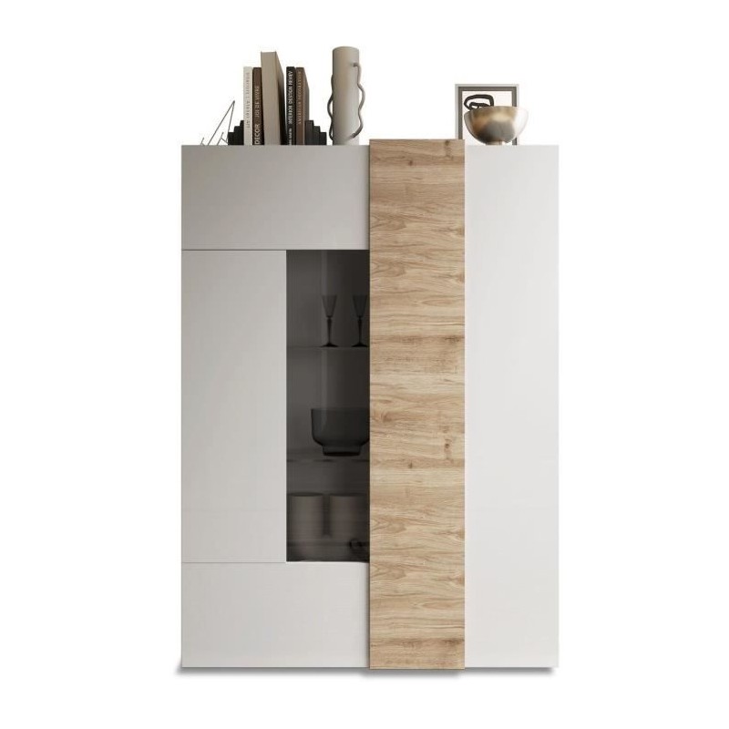 Vitrine - VENEZIA - 2 portes - Blanc laqué / Chene Cadiz - 121 x 44 x