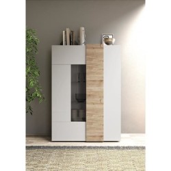 Vitrine - VENEZIA - 2 portes - Blanc laqué / Chene Cadiz - 121 x 44 x 169 cm