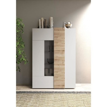 Vitrine - VENEZIA - 2 portes - Blanc laqué / Chene Cadiz - 121 x 44 x 169 cm