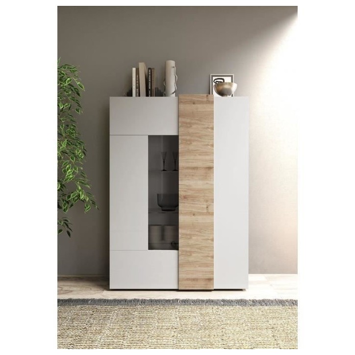 Vitrine - VENEZIA - 2 portes - Blanc laqué / Chene Cadiz - 121 x 44 x 169 cm Vitrine - VENEZIA - 2 portes - Blanc laqué / Chene Cadiz - 121 x 44 x 169 cm