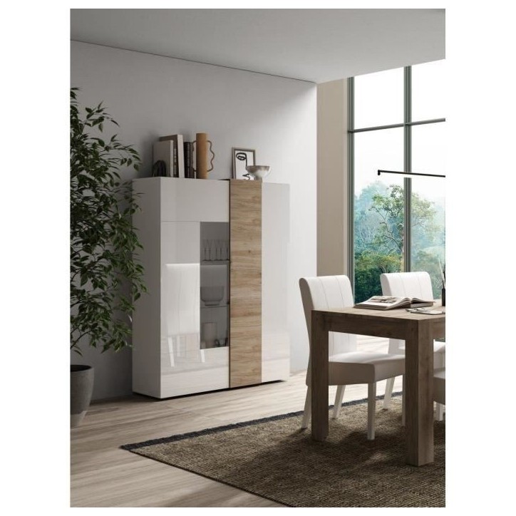 Vitrine - VENEZIA - 2 portes - Blanc laqué / Chene Cadiz - 121 x 44 x 169 cm Vitrine - VENEZIA - 2 portes - Blanc laqué / Chene Cadiz - 121 x 44 x 169 cm