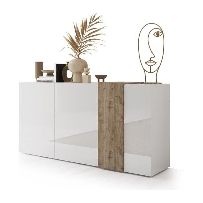 Buffet 3 Portes VENEZIA - Blanc laqué brillant et chene Cadiz - L 181 Buffet 3 Portes VENEZIA - Blanc laqué brillant et chene Cadiz - L 181