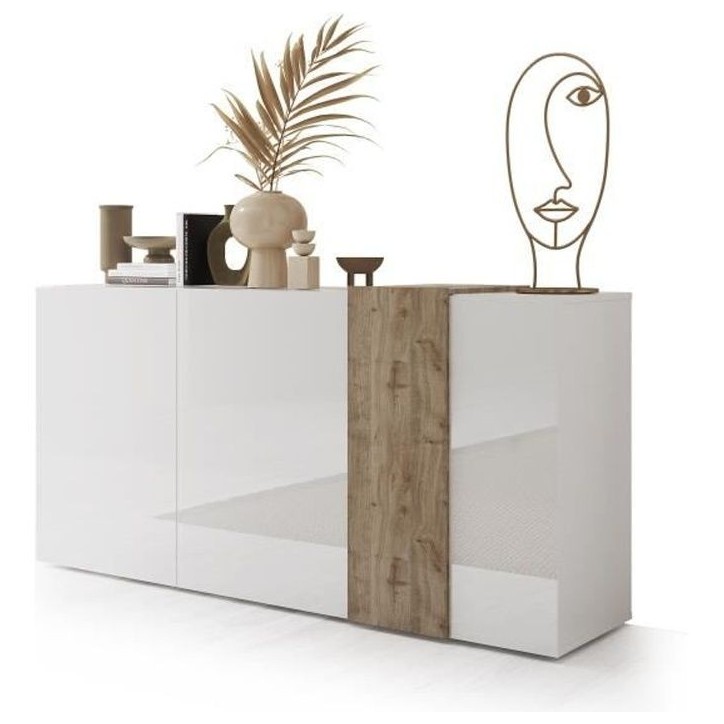 Buffet 3 Portes VENEZIA - Blanc laqué brillant et chene Cadiz - L 181 x P 44 x H 84 cm Buffet 3 Portes VENEZIA - Blanc laqué brillant et chene Cadiz - L 181 x P 44 x H 84 cm