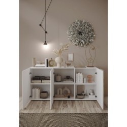 Buffet 3 Portes VENEZIA - Blanc laqué brillant et chene Cadiz - L 181