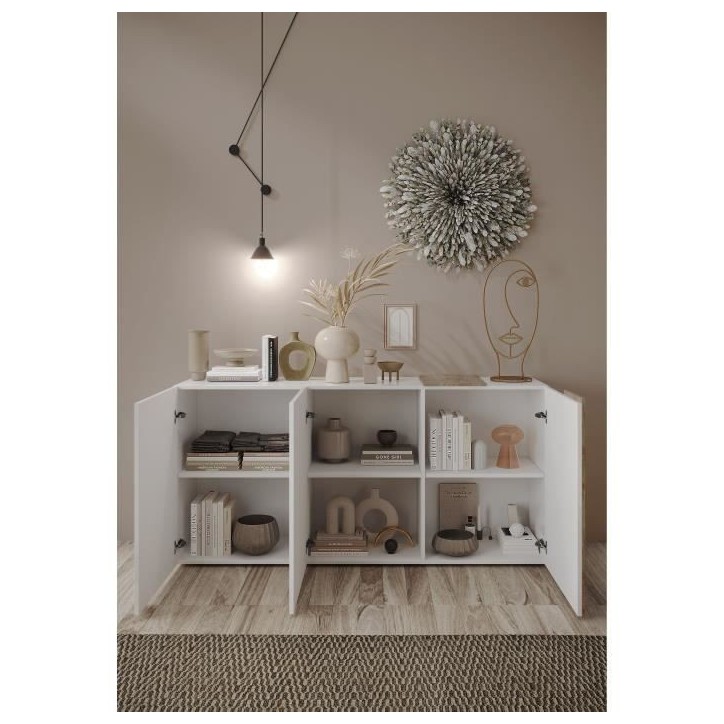 Buffet 3 Portes VENEZIA - Blanc laqué brillant et chene Cadiz - L 181 x P 44 x H 84 cm Buffet 3 Portes VENEZIA - Blanc laqué brillant et chene Cadiz - L 181 x P 44 x H 84 cm