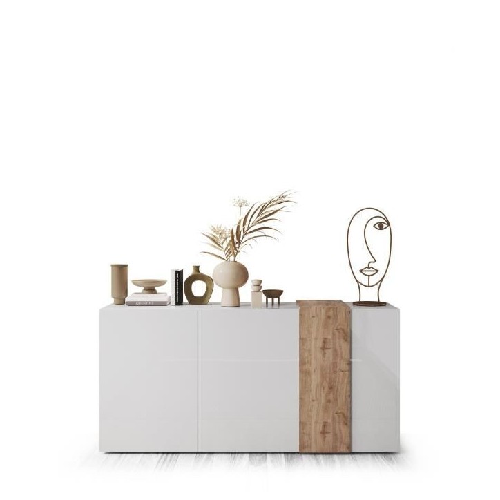 Buffet 3 Portes VENEZIA - Blanc laqué brillant et chene Cadiz - L 181 x P 44 x H 84 cm Buffet 3 Portes VENEZIA - Blanc laqué brillant et chene Cadiz - L 181 x P 44 x H 84 cm